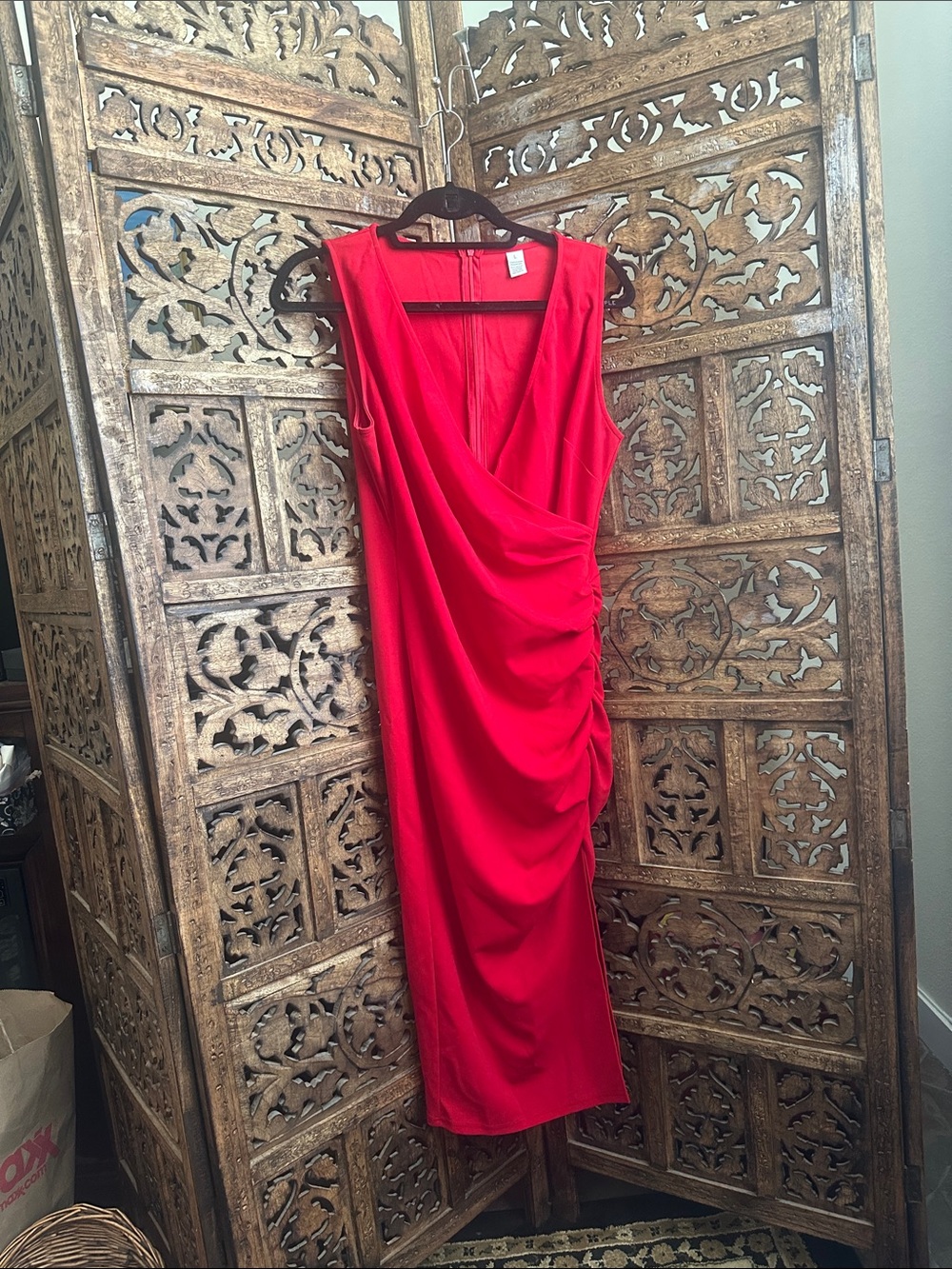 Red Draped V-Neck Midi Dress